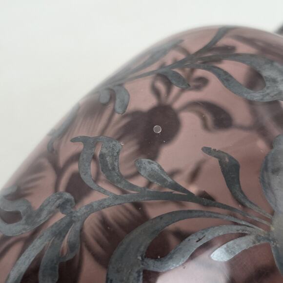 Vintage Amethyst Hand Blown Glass Vase Floral Silver Overlay 5.5" Purple Flowers - Picture 10 of 12